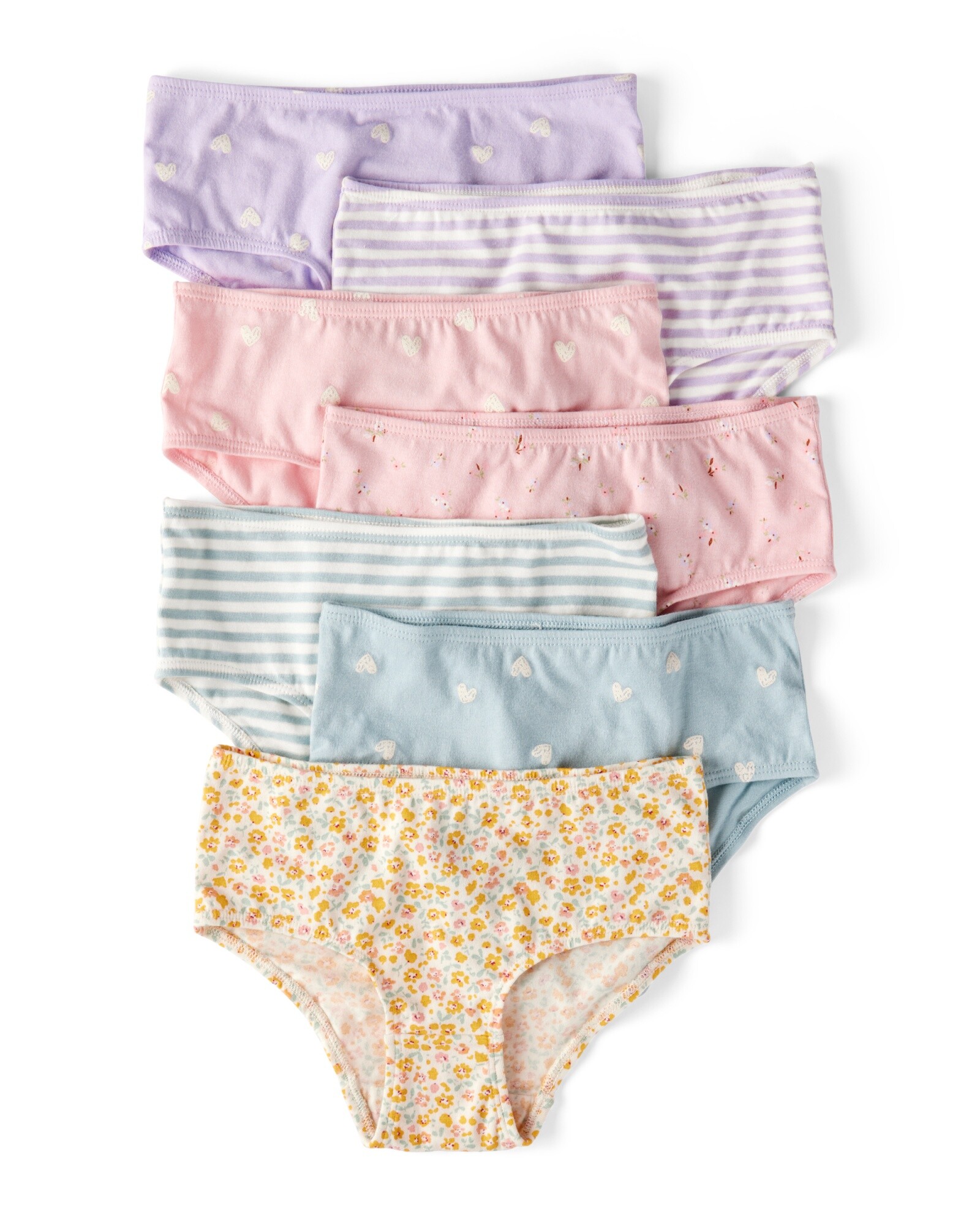 Pack siete bombachas de algodón, diseños corazones, flores y rayas. Talles 2/3T-4/5T Sin color