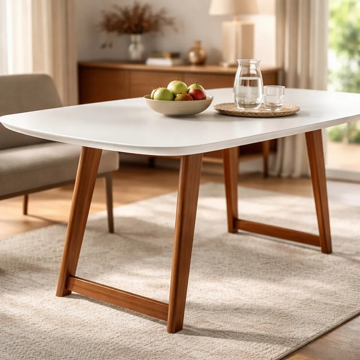 MESA COMEDOR - PATAS MADERA - TAPA LACA OFF WHITE C/VIDRIO 