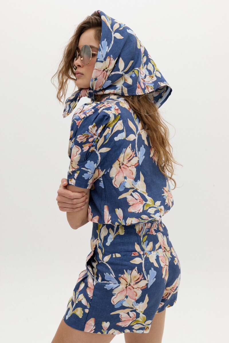 Short Frida en Lino Blue Poppy Print