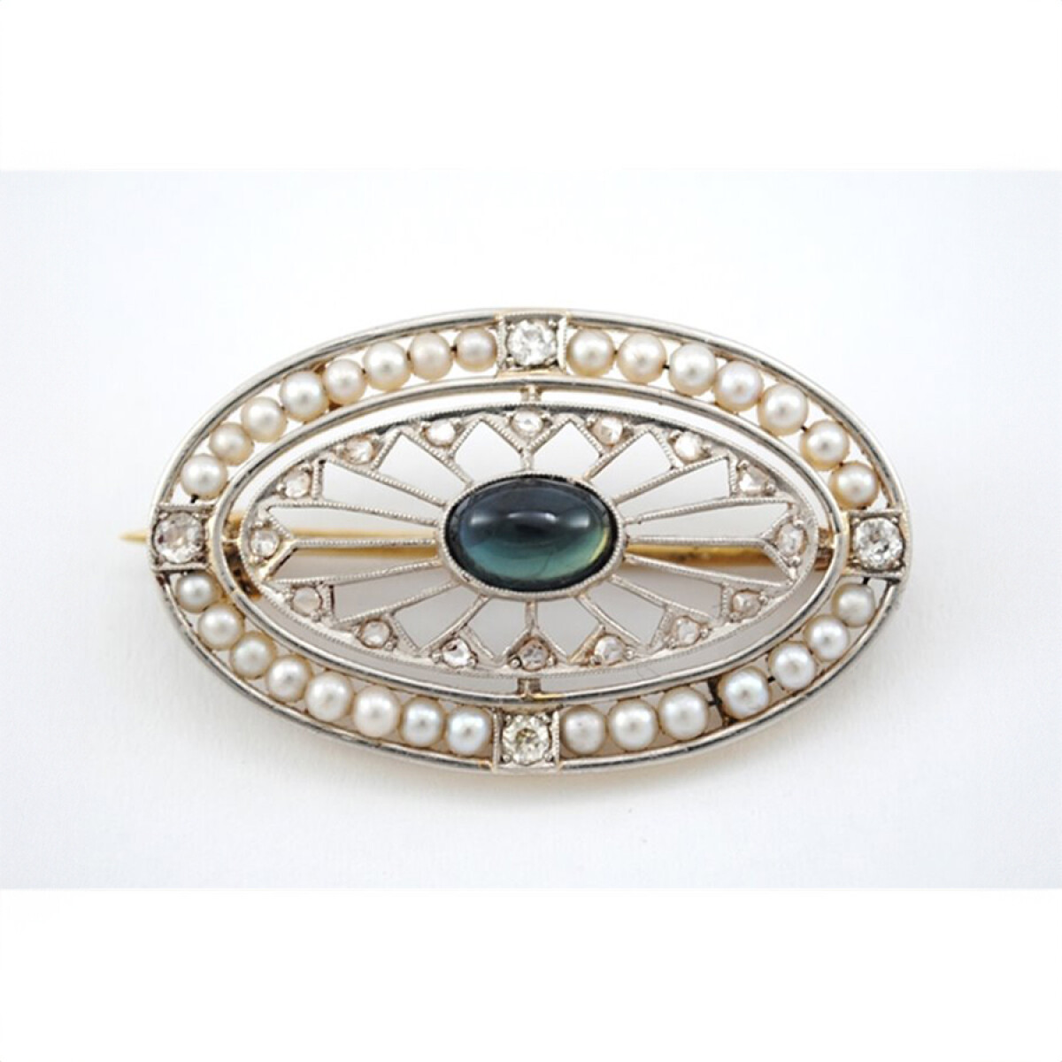 Antiguo Prendedor Oro 18K Con Brillantes, Zafiro Y Perlas 