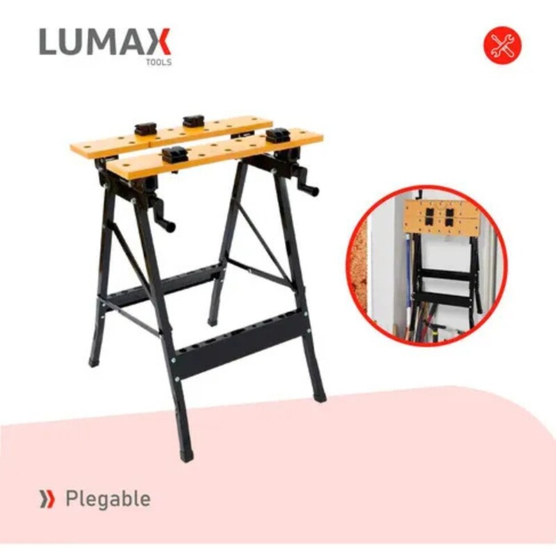 Banco de trabajo portátil plegable de madera y metal Negro