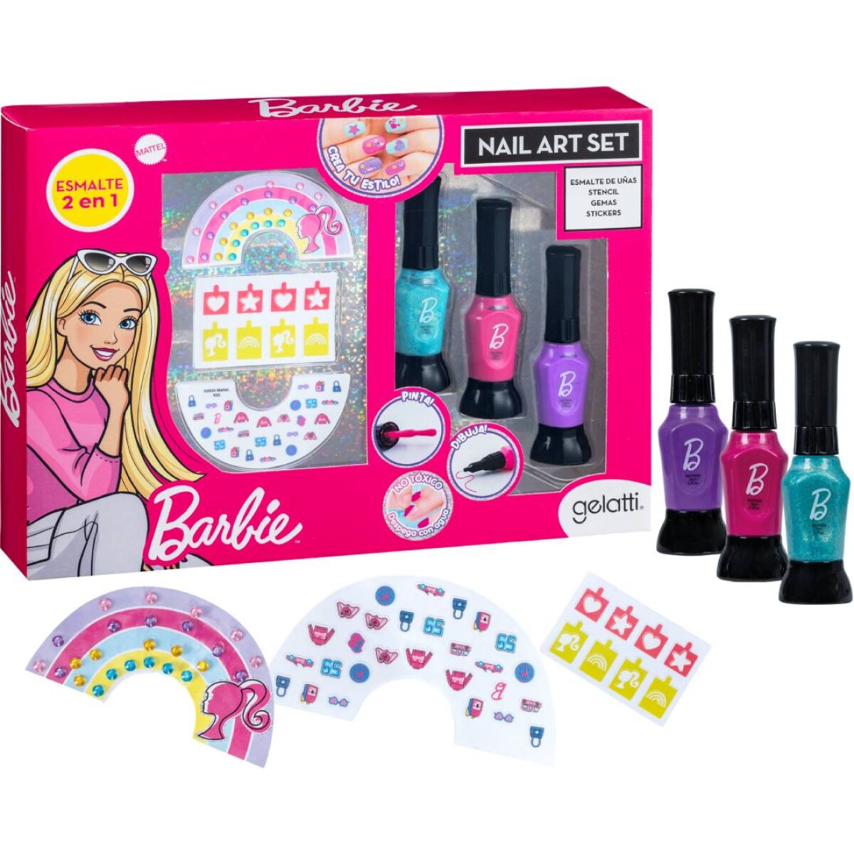 Set Disney 3 esmaltes + Uñas + Stencil + Gemas + Stickers - Barbie 