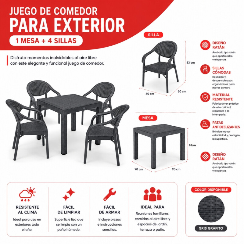 Mesa ratán 90x90+ 4 sillas sin apoya brazos GRIS