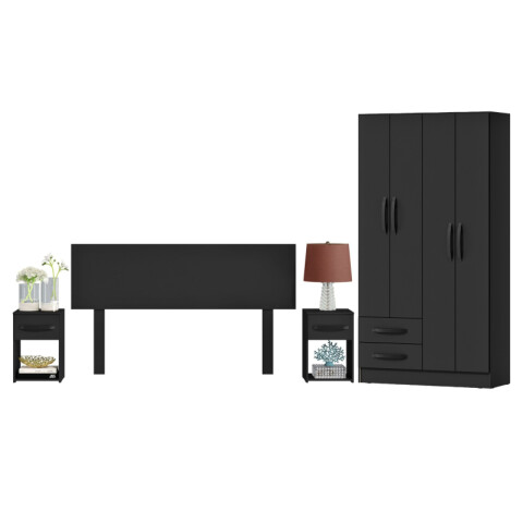 Combo Armario 4 Puertas, Respaldo, Mesas de luz - MDP - Negro Combo Armario 4 Puertas, Respaldo, Mesas de luz - MDP - Negro