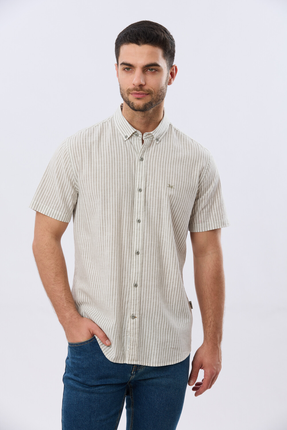CAMISA RAYADA DE LINO Verde