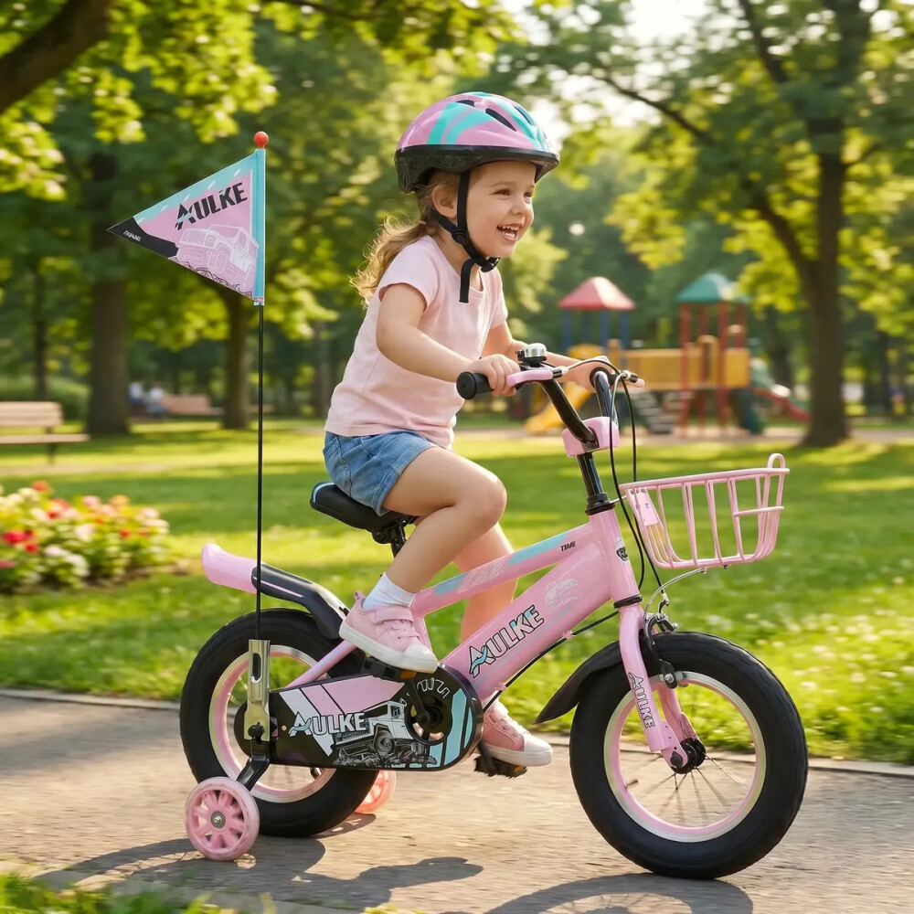 Bicicleta rodado 16 con rueditas, canasto, casco y banderita Rosa