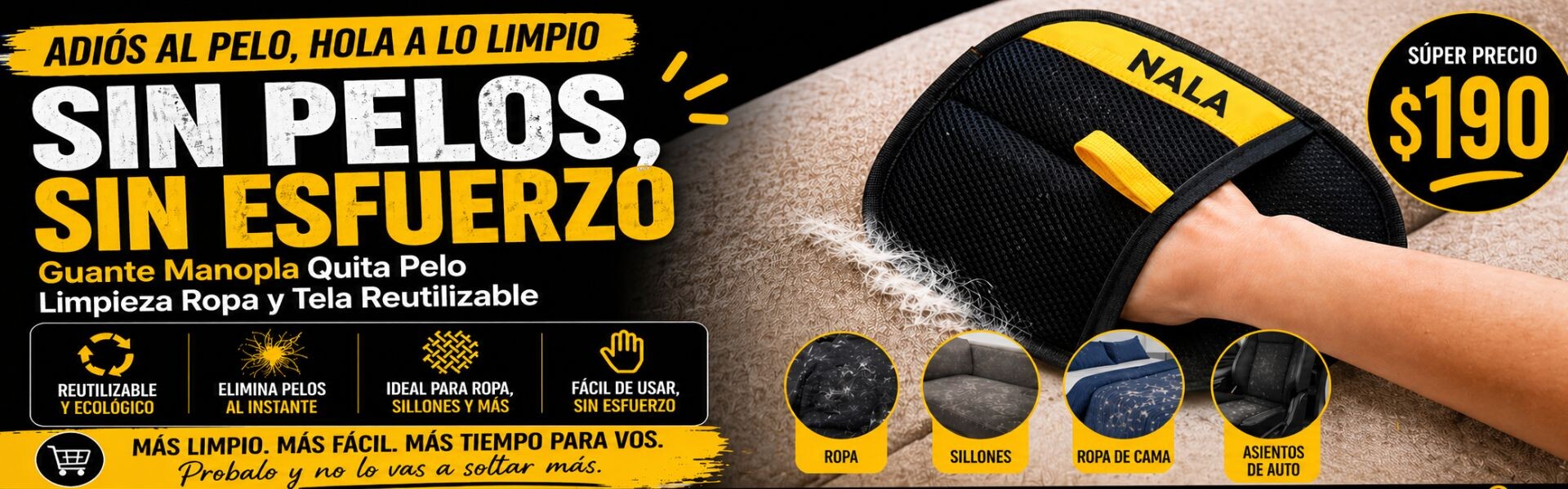 Guante Manopla Quita Pelo Limpieza Ropa Tela Reutilizable