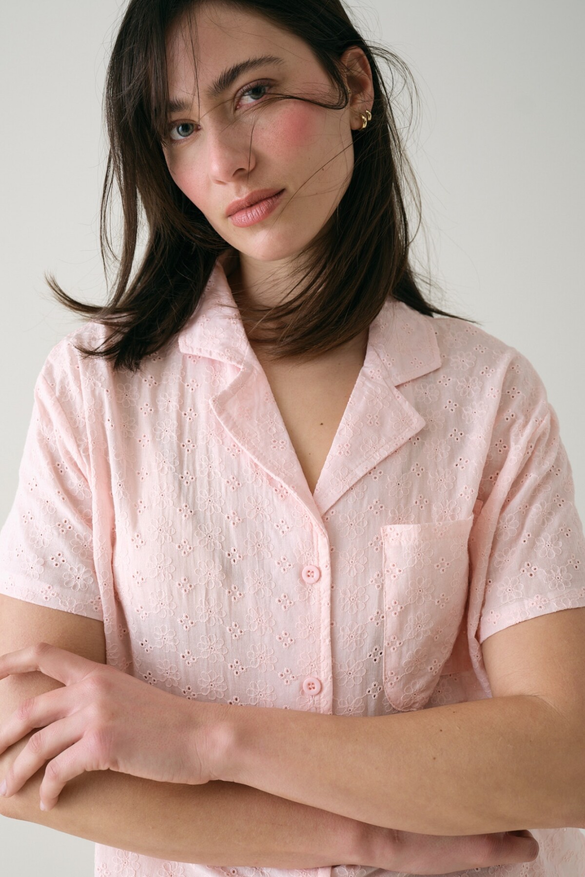 Camisa Manga Corta Broderie Rosado