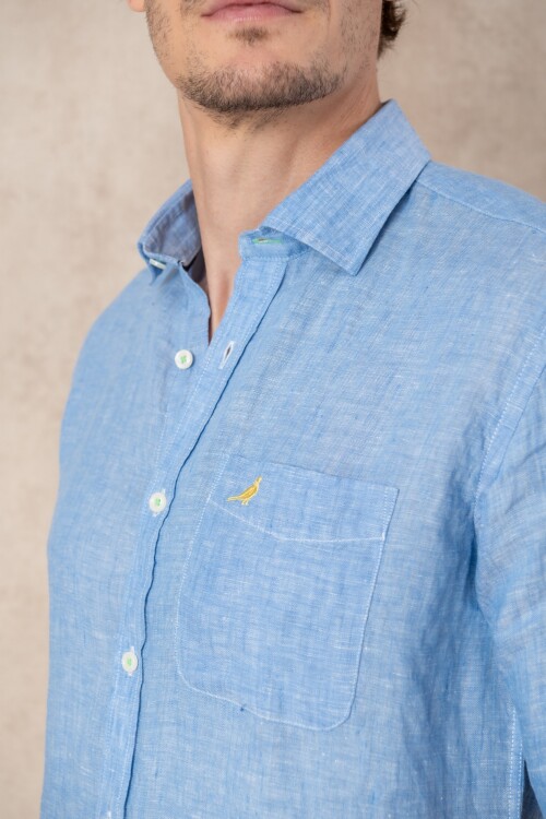 Camisa Lino manga corta Celeste