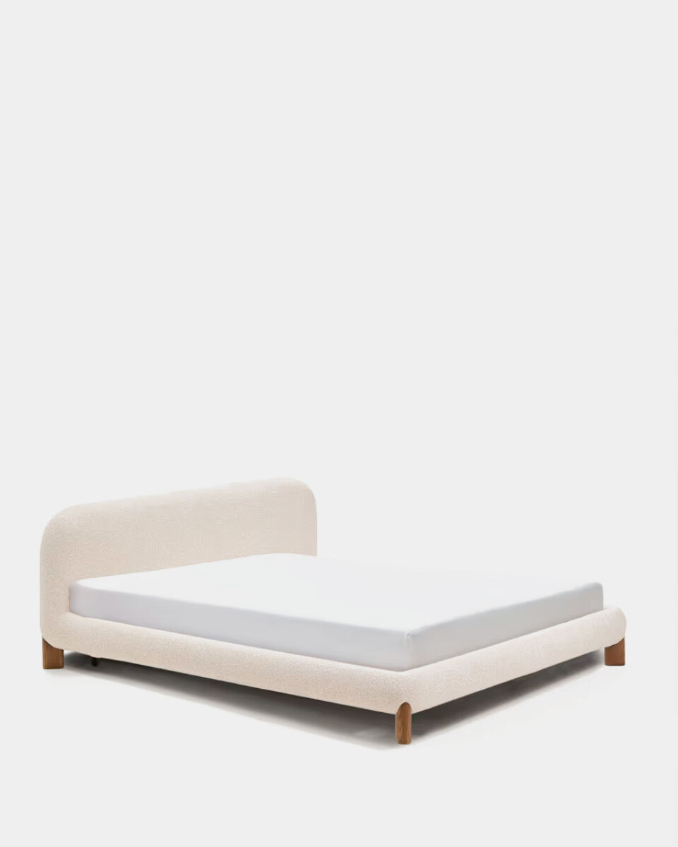 Cama desenfundable Odina bouclé crudo y patas de madera maciza de fresno - acabado tono nogal para colchón de 180 x 200 cm 