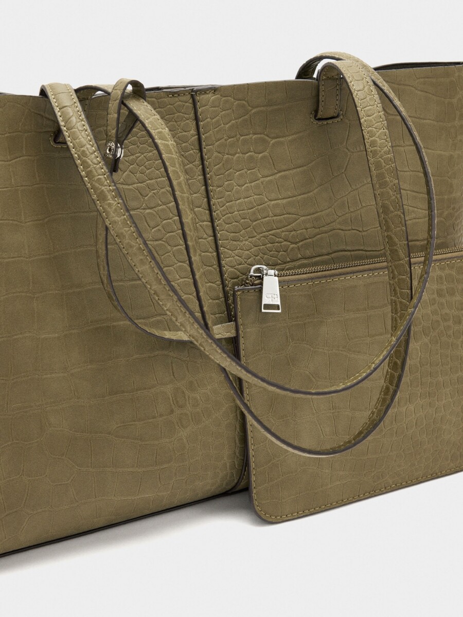 Bolso Shopper Grabado Animal Con Bolsa caqui