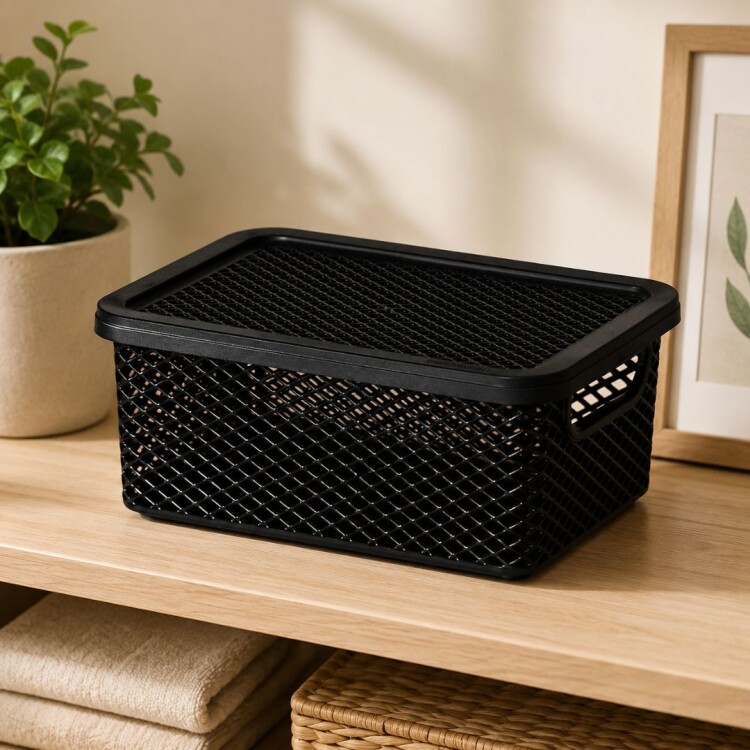 CESTO CANASTO ORGANIZADOR CON TAPA 18X13X8CM NEGRO CESTO CANASTO ORGANIZADOR CON TAPA 18X13X8CM NEGRO