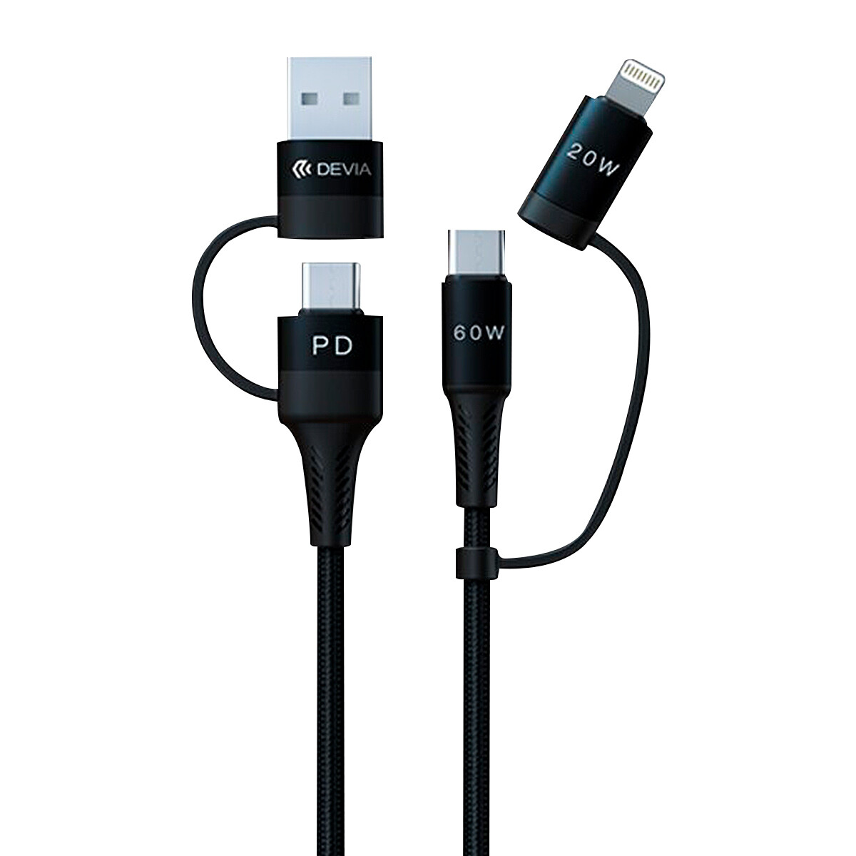 CABLE 4 EN 1 USB-C / MICRO USB / LIGHTNING / USB 1,5 METROS DEVIA - Negro 