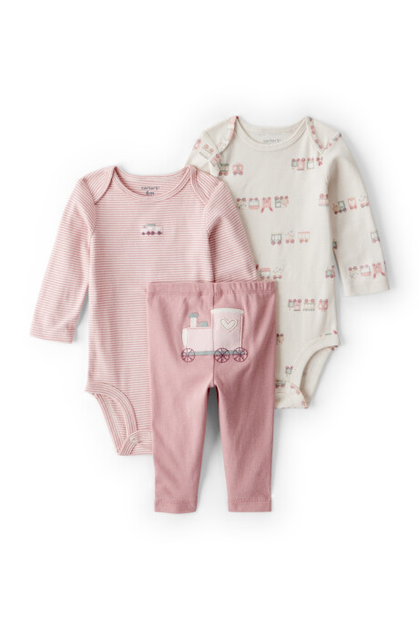 Set tres piezas de algodón, pantalón y dos bodies, rosados, diseño trenes Sin color