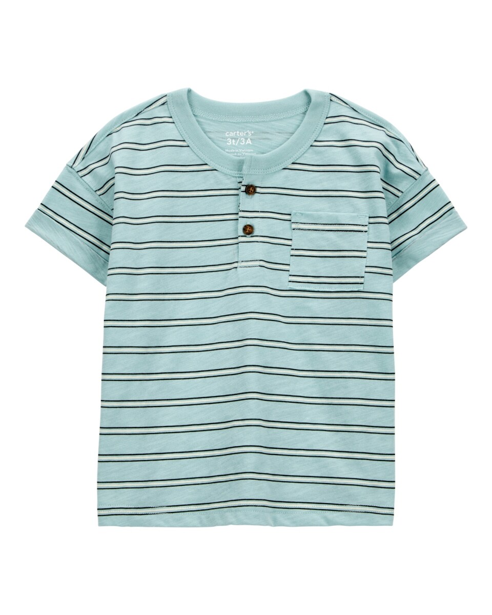 Remera henley de algodón, manga corta, diseño a rayas 