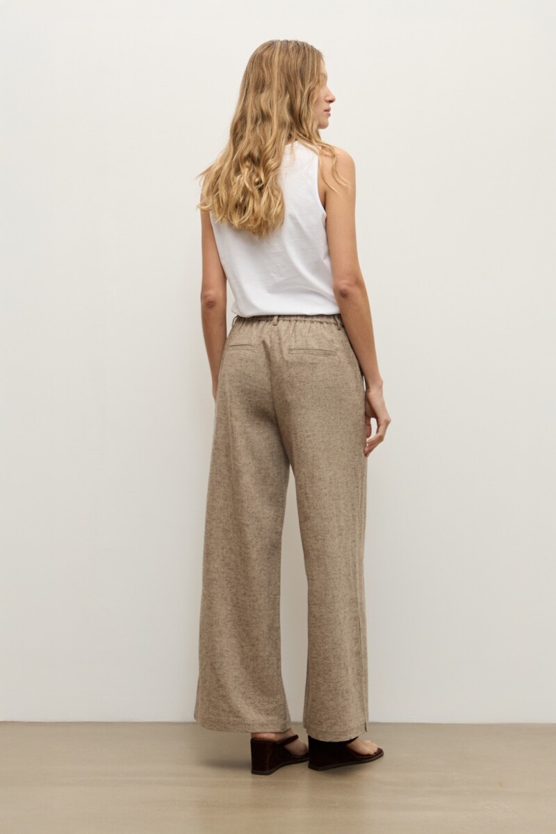 Pantalon wide leg lino con tajos chocolate melange