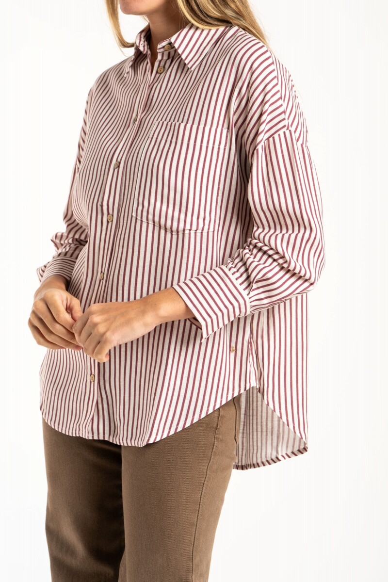 Camisa Rayada Con Lino Burdeos