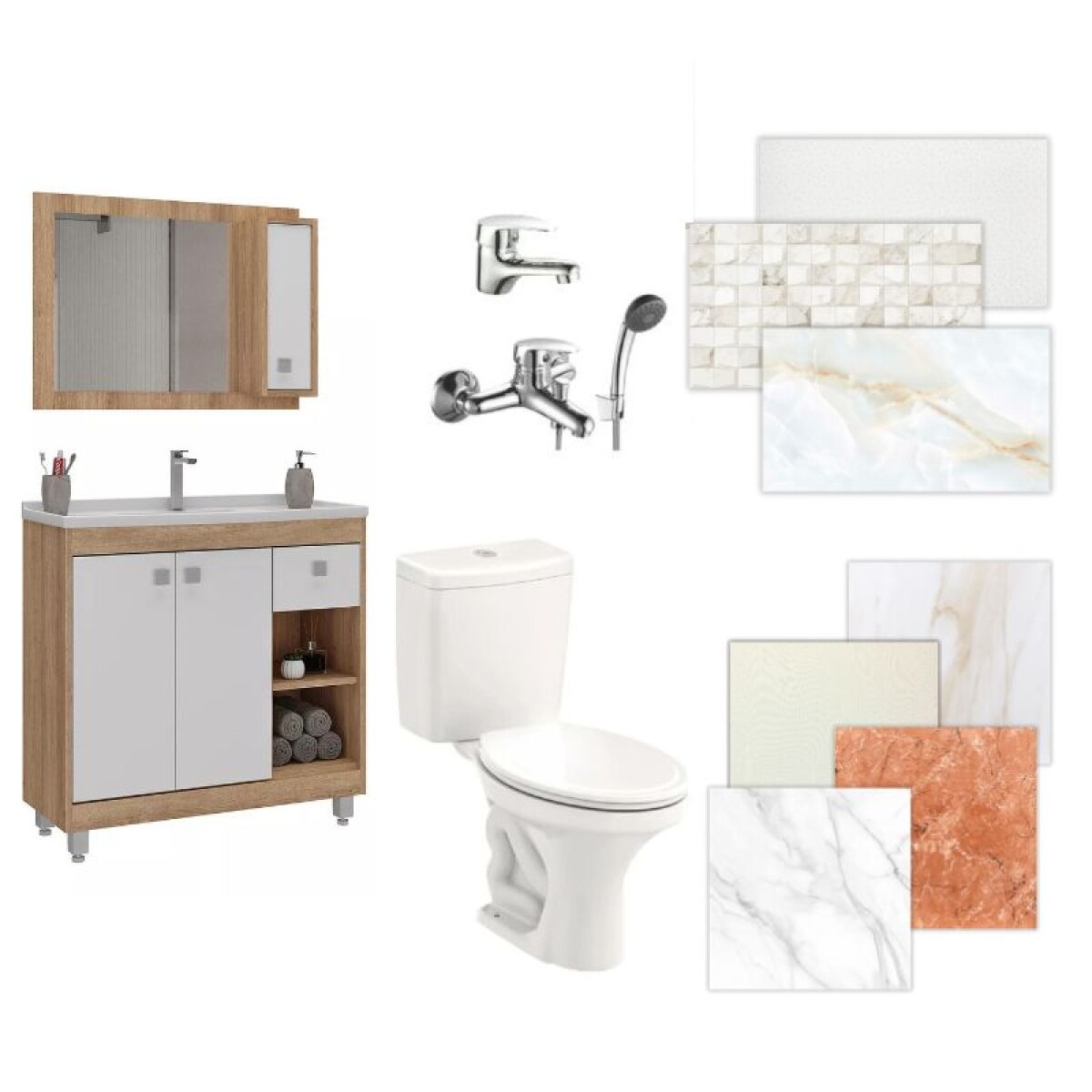 BAÑO COMPLETO N°5 INODORO CON MOCHILA + MUEBLE DE BAÑO 80 CM CON ESPEJO + GRIFERIA + CERAMICA DE PISO Y PARED 