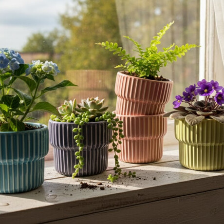 Maceta de cerámica con diseño acanalado – Colores pastel – Decoración para interiores y jardín Celeste