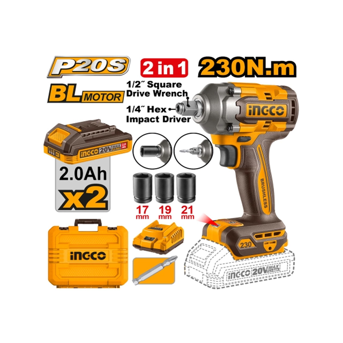 LLAVE Y ATORNILLADOR DE IMPACTO A BATERÍA 20V P20S 230NM C/2BAT CARGADOR 