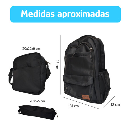 Set Mochila Bolso Cartuchera Alumno Resistente 3 Piezas Negro