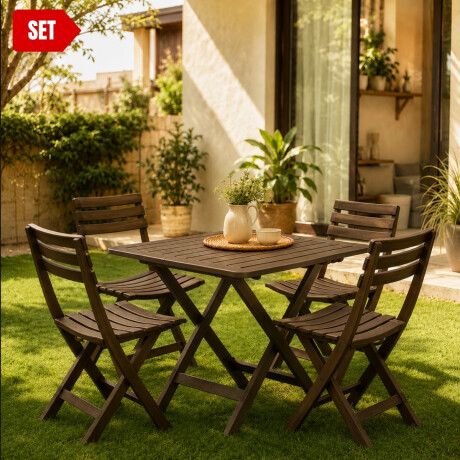 Mesa + 4 Silla Plegable Simil Madera Reforzada Plástico MARRON