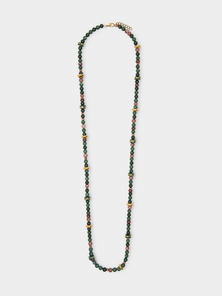 Collar Largo Con Cuentas De Piedra Y Resina verde