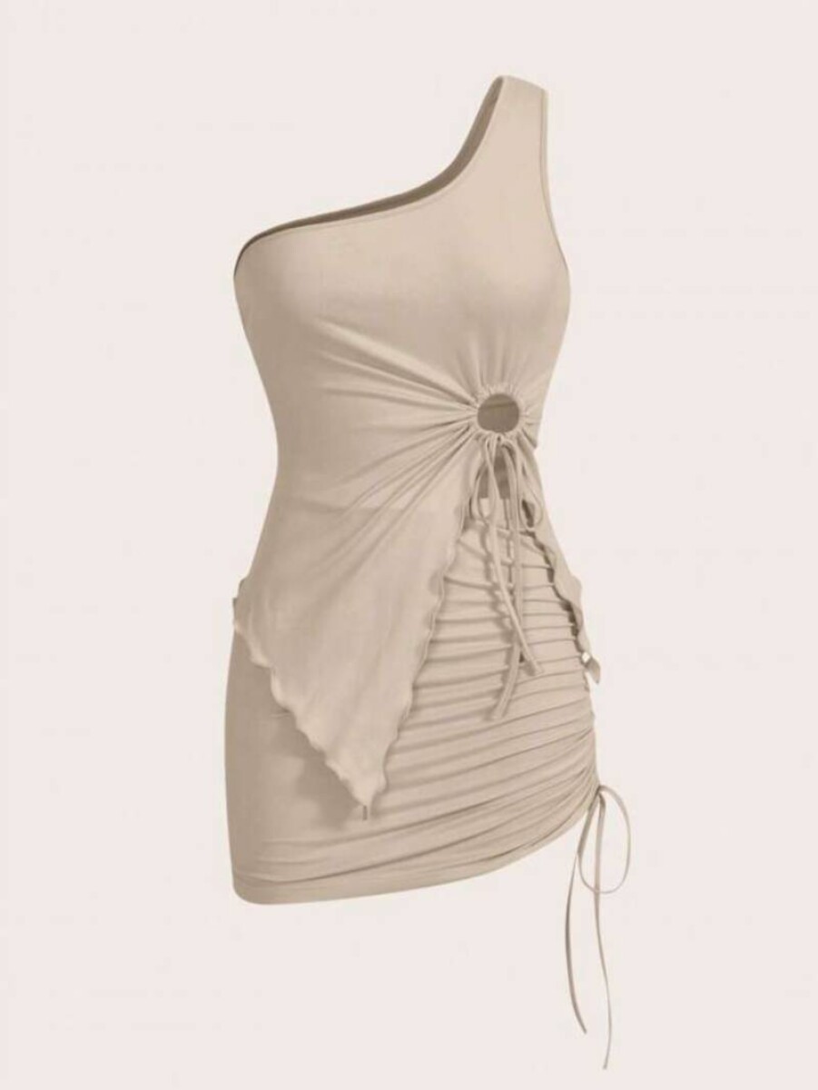 CONJUNTO TOP ASIMETRICO Y FALDA BEIGE 