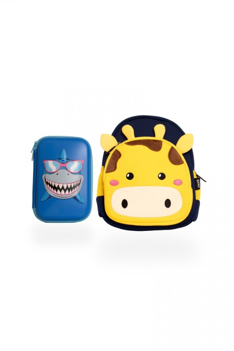Set de mochila infantil de neopreno y cartuchera con divisiones brio set-tiburón-jirafa