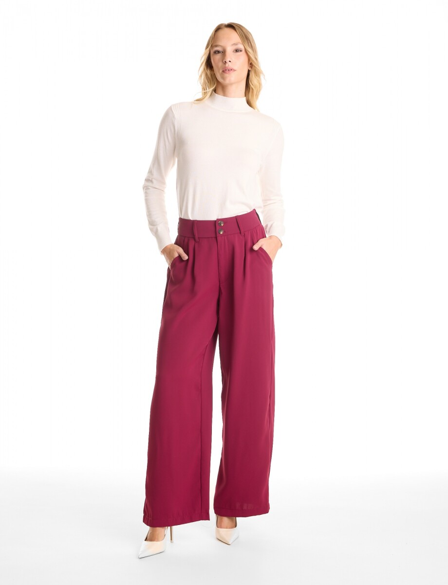 Palazzo Con Doble Botón & Cintura Elástica - Rosa Oscuro 