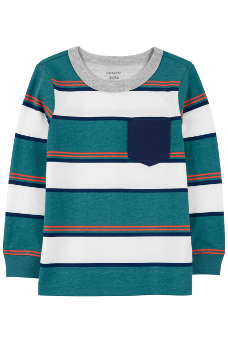 Remera de algodón, manga larga, diseño a rayas Sin color