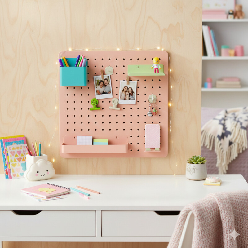 Panel perforado pegboard metálico organizador de pared 40x40 cm – Multiuso para el hogar Rosado