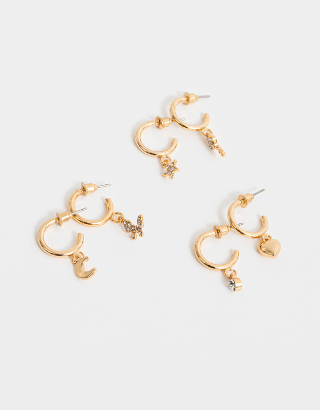 Aros Argollas Set Bañada en Oro Set De Argollitas Con Dijes - Dorado