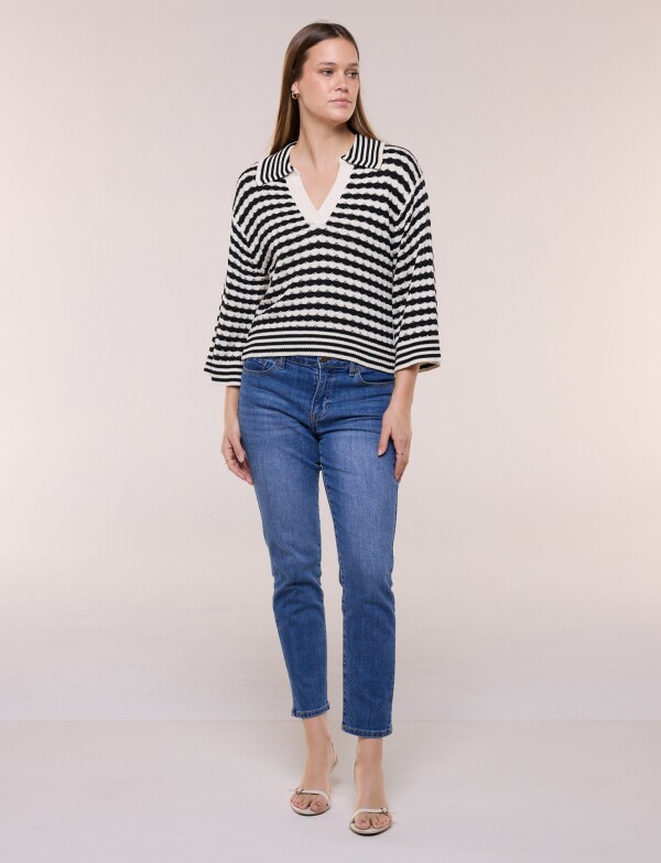 Blusa Tejida A Rayas Con Cuello Polo NEGRO/BEIGE