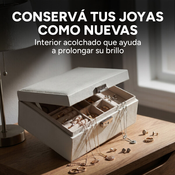 Joyero Organizador Alhajero 2 Pisos C/llave Cuero Terciopelo Blanco