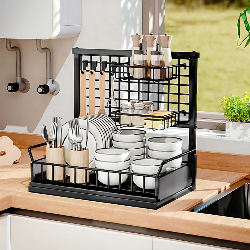 Escurridor Organizador De Platos Cocina Bandeja Extraible Negro