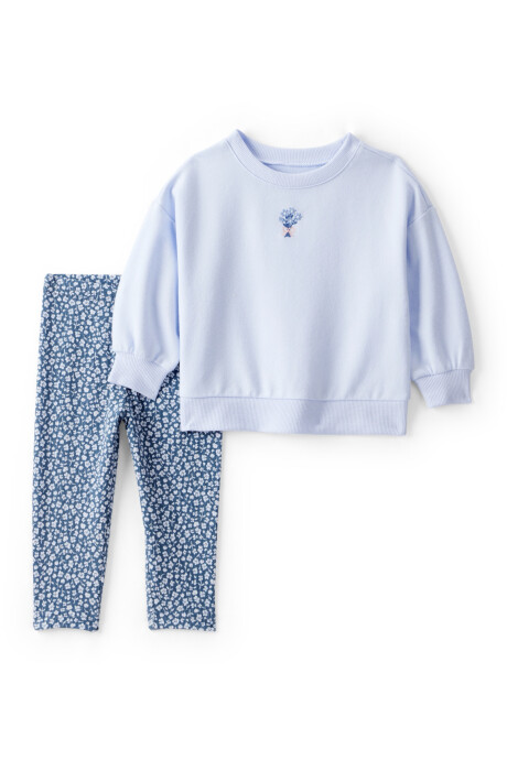 Set dos piezas de algodón, pantalón acanalado y buzo, azul, diseño floral. Talles 6-24M Set dos piezas de algodón, pantalón acanalado y buzo, azul, diseño floral. Talles 6-24M