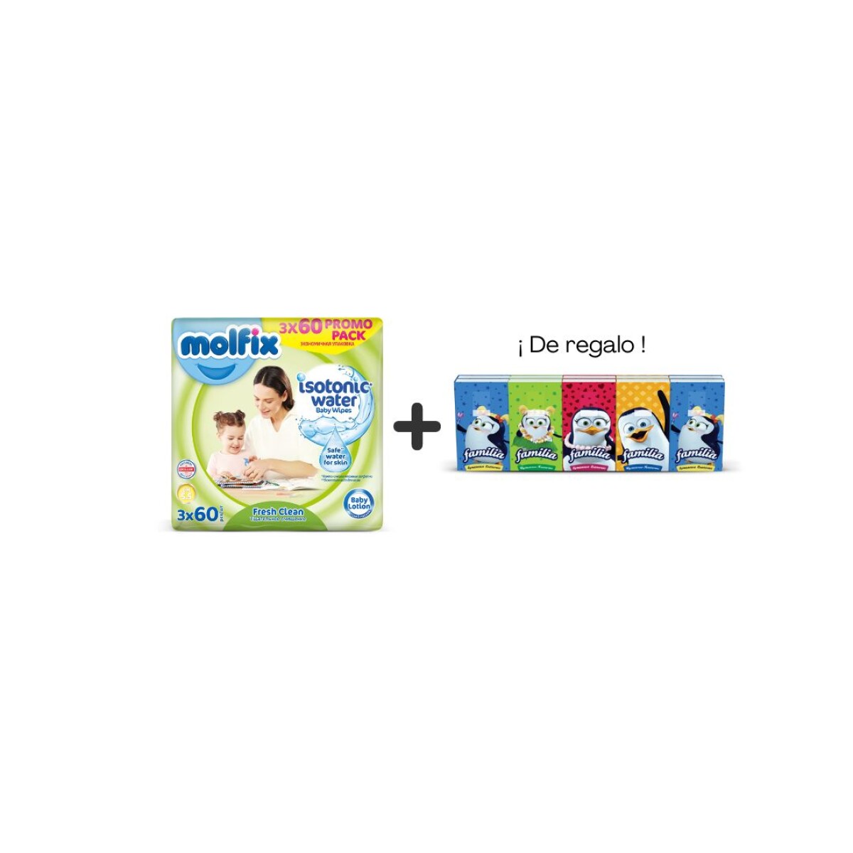 Toallitas húmedas Molfix pack x 3 + Pañuelo Familia pingüino pack x 10 ¡DE REGALO! 