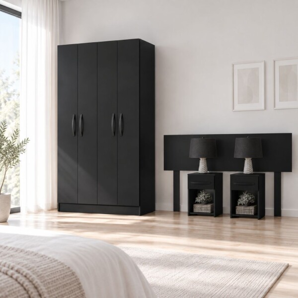 COMBO DORMITORIO – ROPERO 4 PUERTAS + RESPALDO + 2 MESAS DE LUZ NEGRO