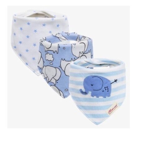 Set babero bandana x3 Celeste a rayas con elefantes