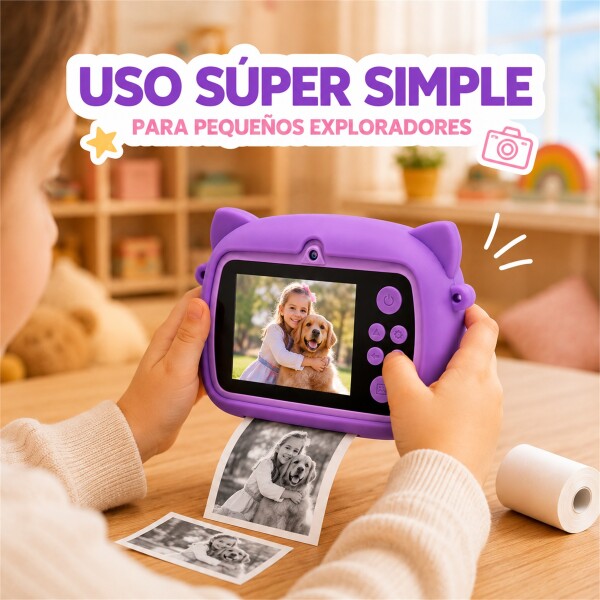 Cámara Infantil Instantánea Gatito con Doble Lente y Selfie Violeta