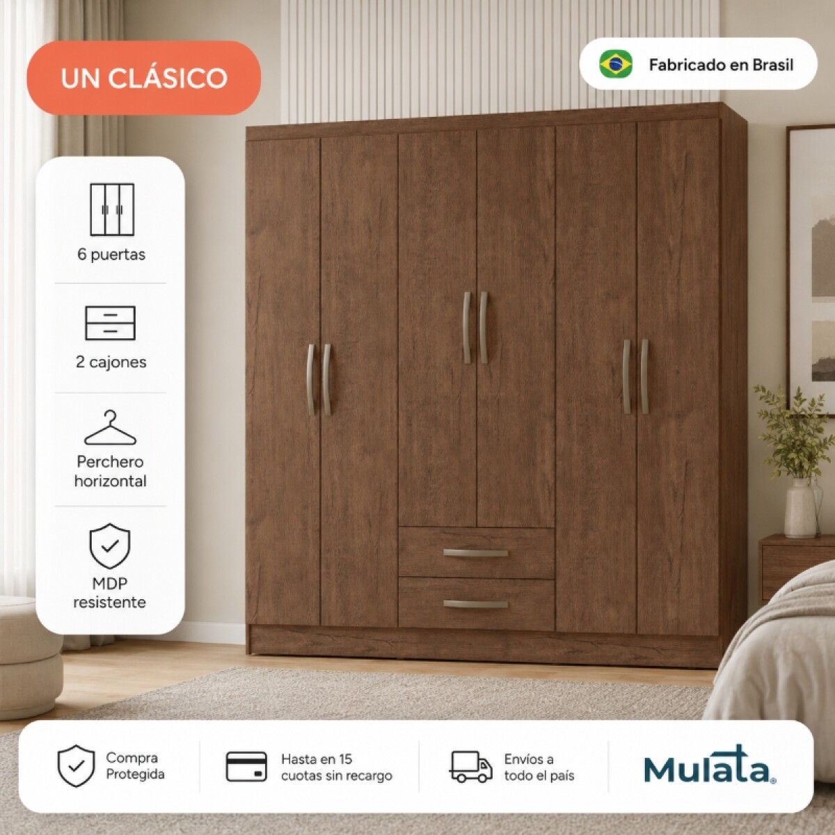 Armario Ropero Placard de 6 Puertas Línea Plus con 2 Cajones y Perchero Horizontal - MDP - Dakar 