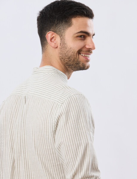 CAMISA RAYADA DE LINO CUELLO MAO Verde