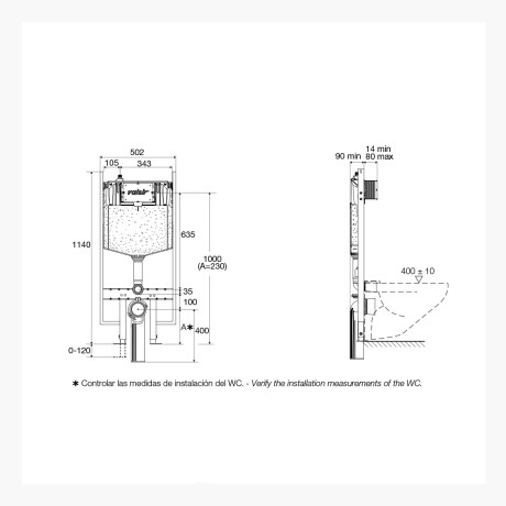 CISTERNA EMBUTIDA Y SOPORTE PARA INODORO SUSPENDIDO, PARA MURO SOLIDO + BOTON PULSADOR PLACA P2 000