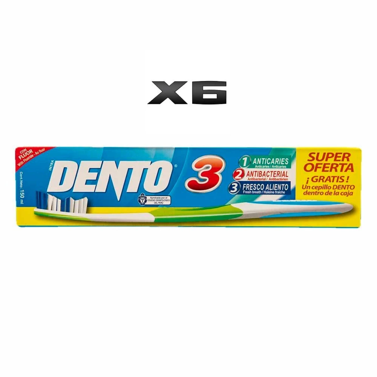 Pack X 6 Crema Dental Dento 3 Tubo 200G + Cepillo Dental 