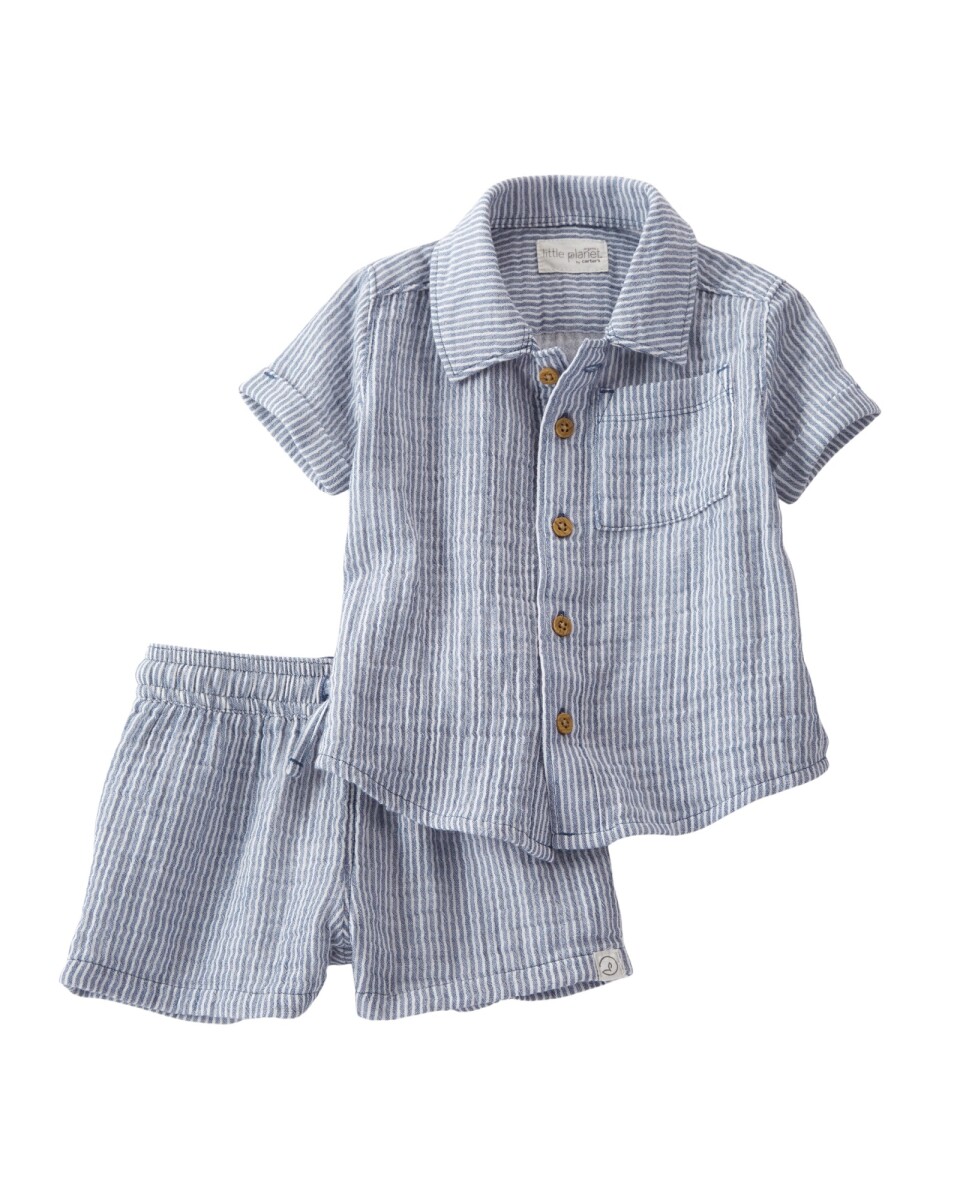 Set dos piezas de gasa de algodón orgánico, short y camisa, diseño a rayas azules 