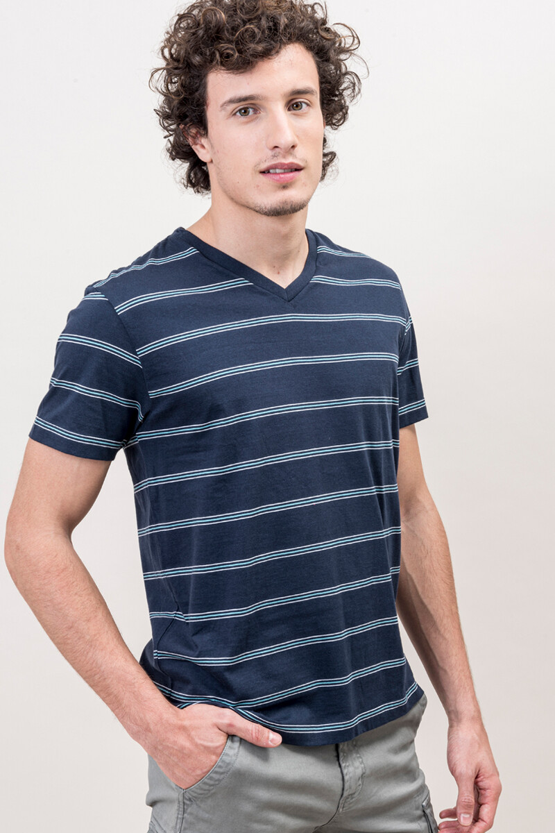 Camiseta a rayas con cuello en V Azul