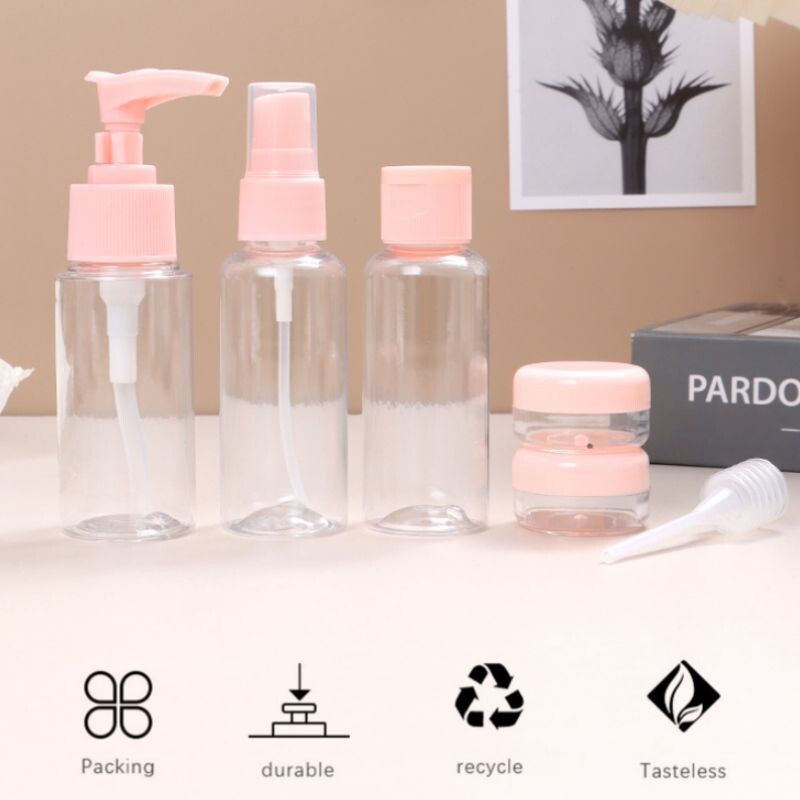 Set Botellas De Viaje Con Tapa Rosa Con Neceser - 7 Piezas Set Botellas De Viaje Con Tapa Rosa Con Neceser - 7 Piezas