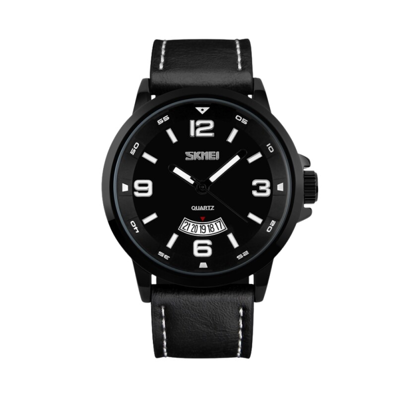 Reloj Skmei 9115BKBK analógico para hombre en acero negro con correa negra de cuero Negro