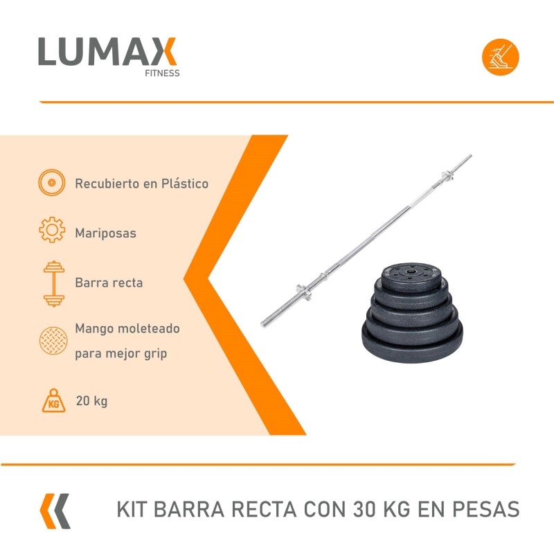 Kit de Barra Recta Larga Maciza De 1.80mts + 20kgs En Discos 4x5 kg